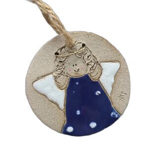 Vintage Handmade Sandcast Clay Enamel Angel Ornament Round Disc Wire Halo Wings